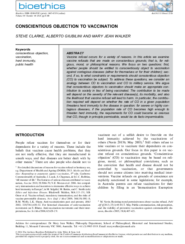 (PDF) CONSCIENTIOUS OBJECTION TO VACCINATION