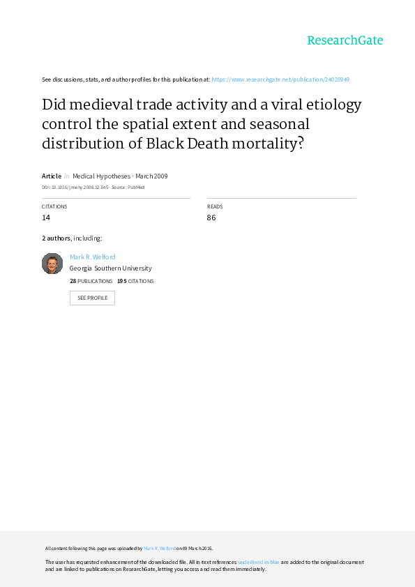 Did medieval trade activity and a viral etiology control the spatial extent and seasonal distribution of Black Death mortality?