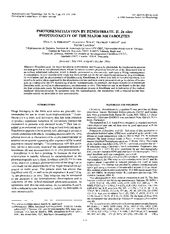 Pdf Photosensitization By Fenofibrate Ii In Vitro Phototoxicity Of The Major Metabolites Nieves Canudas Academia Edu