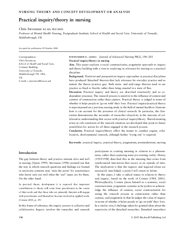 (PDF) Practical inquiry/theory in nursing christopher stevenson