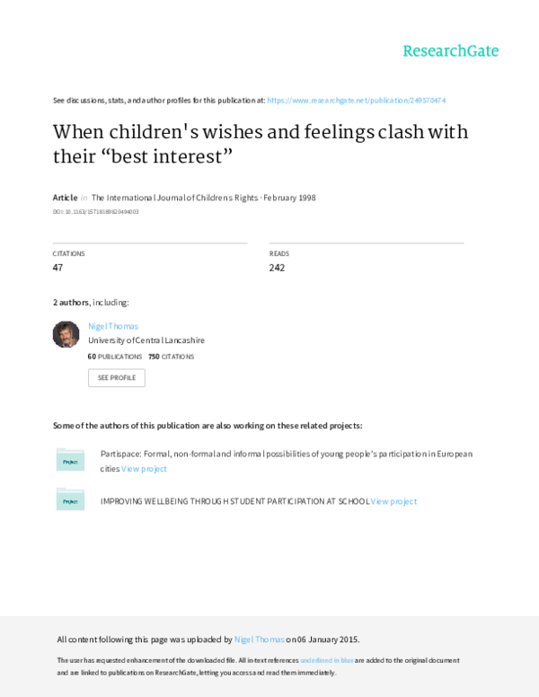 (PDF) When Children's Wishes and Feelings Clash with Their Best Interests' Nigel Thomas