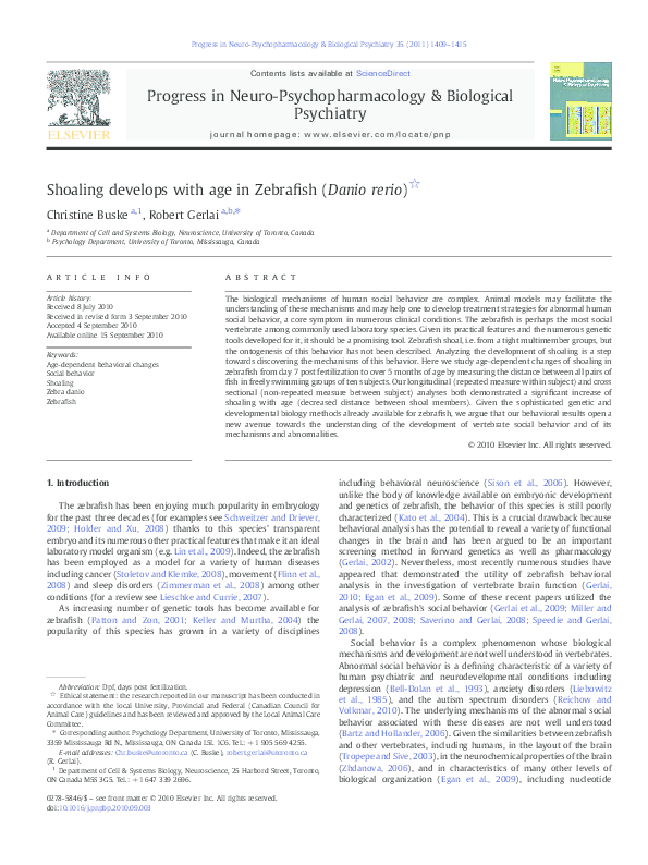 (PDF) Shoaling develops with age in Zebrafish ( Danio rerio )