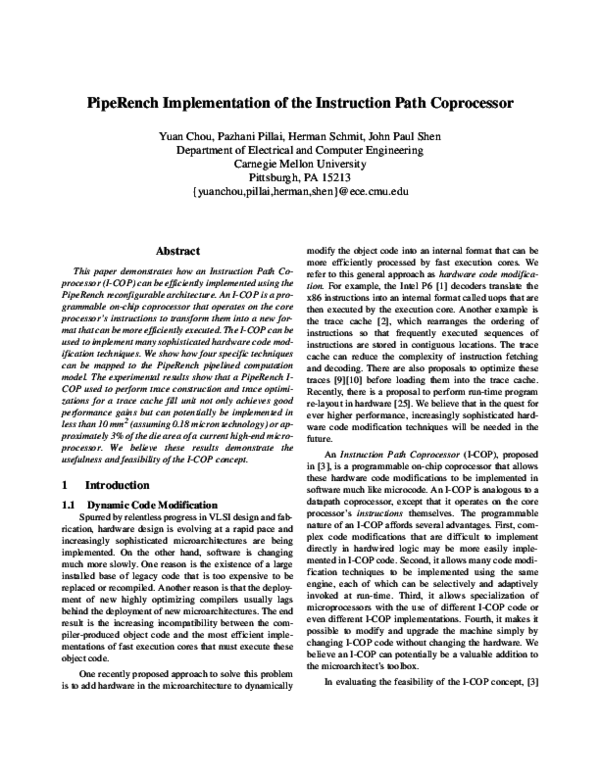 (PDF) PipeRench implementation of the instruction path coprocessor | Yu ...