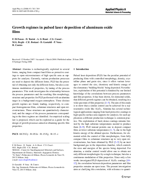 (PDF) Growth regimes in pulsed laser deposition of aluminum oxide films