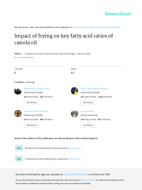 (PDF) Impact of frying on key fatty acid ratios of canola oil saba