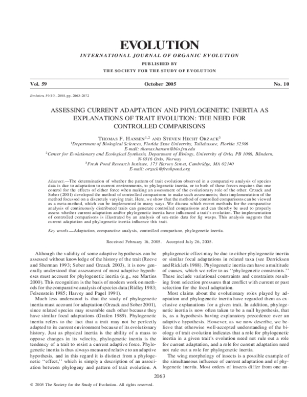 (PDF) Assessing current adaptation and phylogenetic inertia as ...