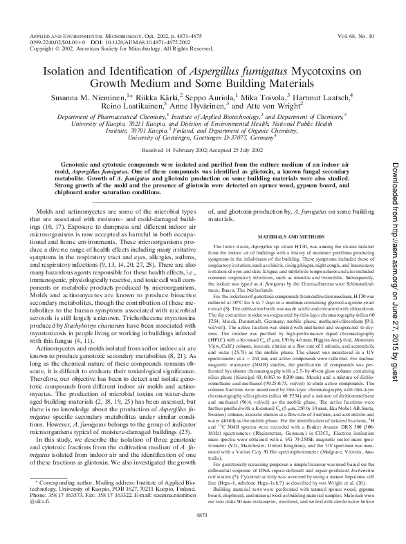 (PDF) Isolation and identification of Aspergillus fumigatus mycotoxins ...
