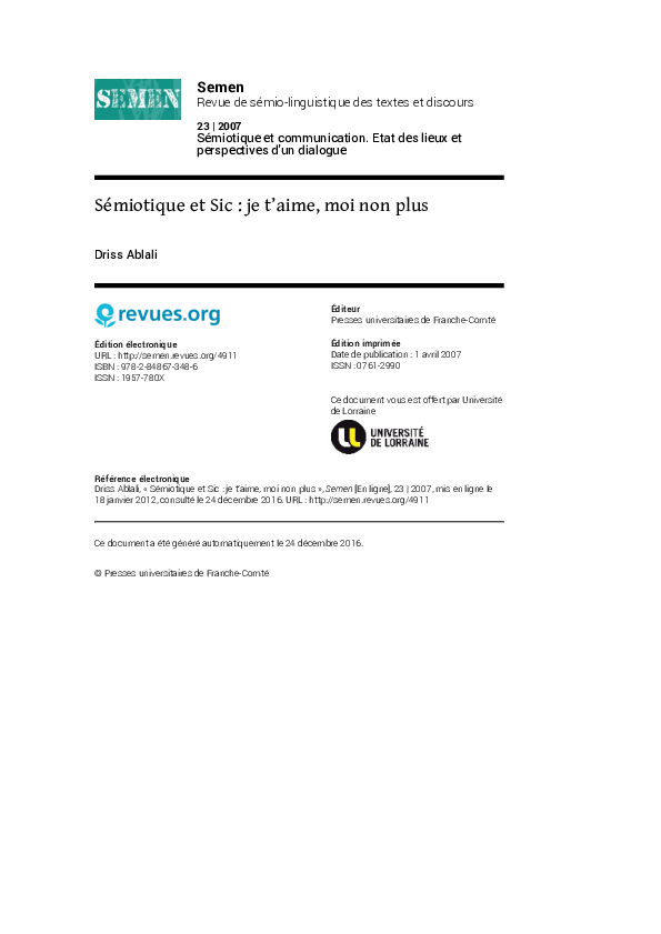 Pdf Semiotique Et Sic Je T Aime Moi Non Plus Driss Ablali Academia Edu