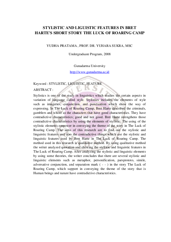 Pdf Stylistic And Liguistic Features In Bret Harte S Short Story The Luck Of Roaring Camp Yudha Pratama Academia Edu