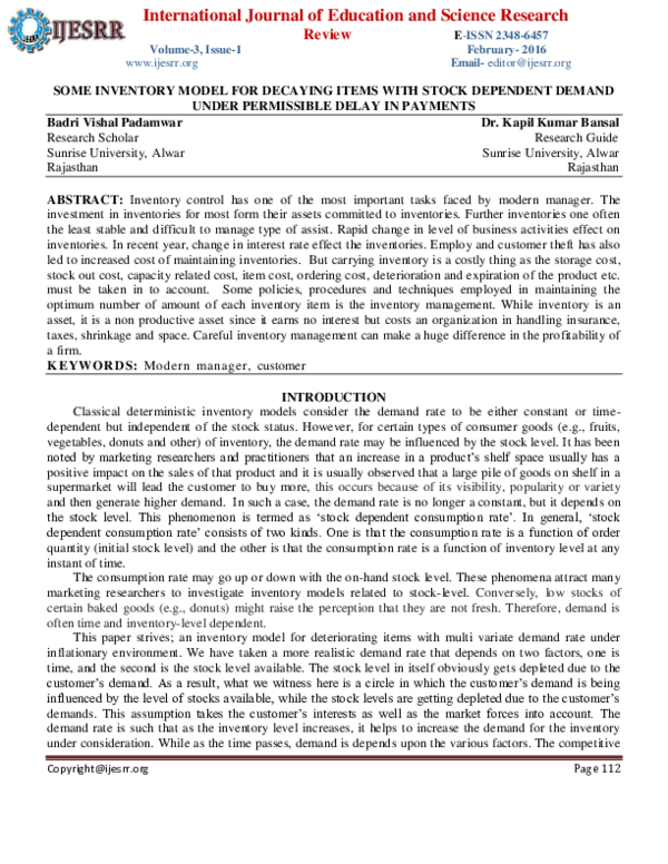 (PDF) SOME INVENTORY MODEL FOR DECAYING ITEMS WITH STOCK DEPENDENT ...