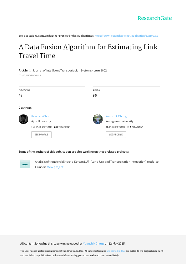 (PDF) A Data Fusion Algorithm for Estimating Link Travel Time