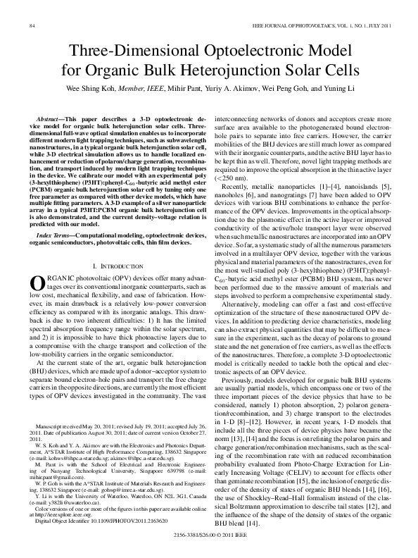 (PDF) ThreeDimensional Optoelectronic Model for Organic Bulk Heterojunction Solar Cells Mihir
