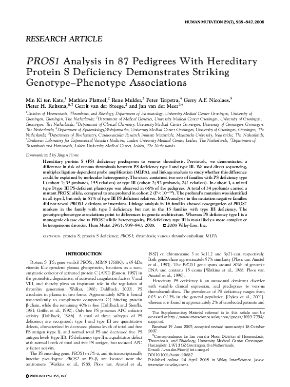 (PDF) PROS1 analysis in 87 pedigrees with hereditary protein S ...