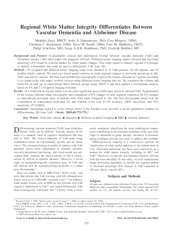 (PDF) Regional white matter integrity differentiates between vascular ...