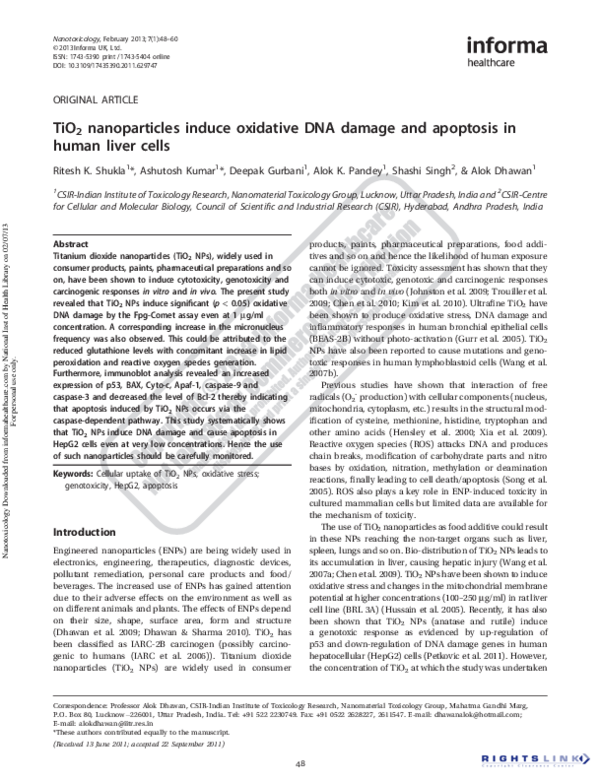 (PDF) TiO2 nanoparticles induce oxidative DNA damage and apoptosis in ...