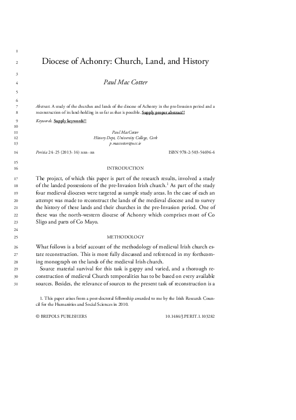 'Diocese of Achonry: Church, Land and History' in Peritia 24-25 (2013-4), 241-65