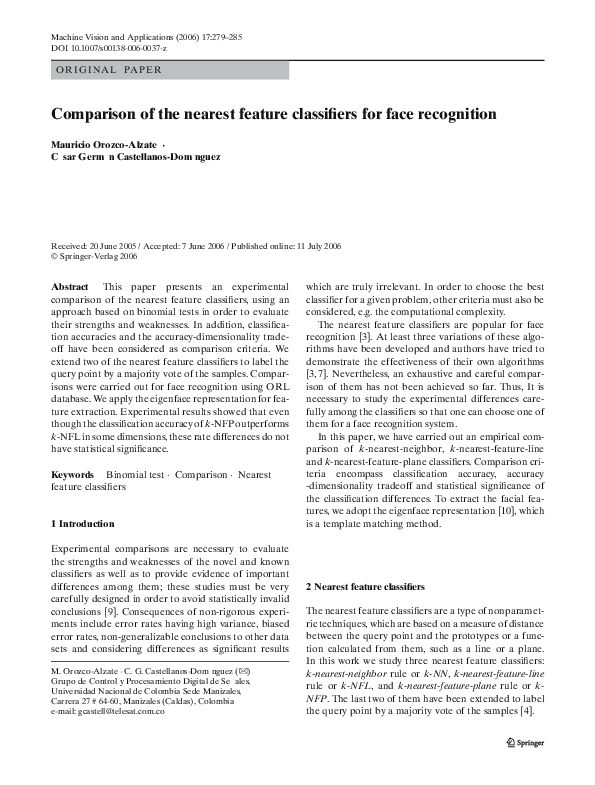 (PDF) Comparison of the Nearest Feature Classifiers for Face Recognition