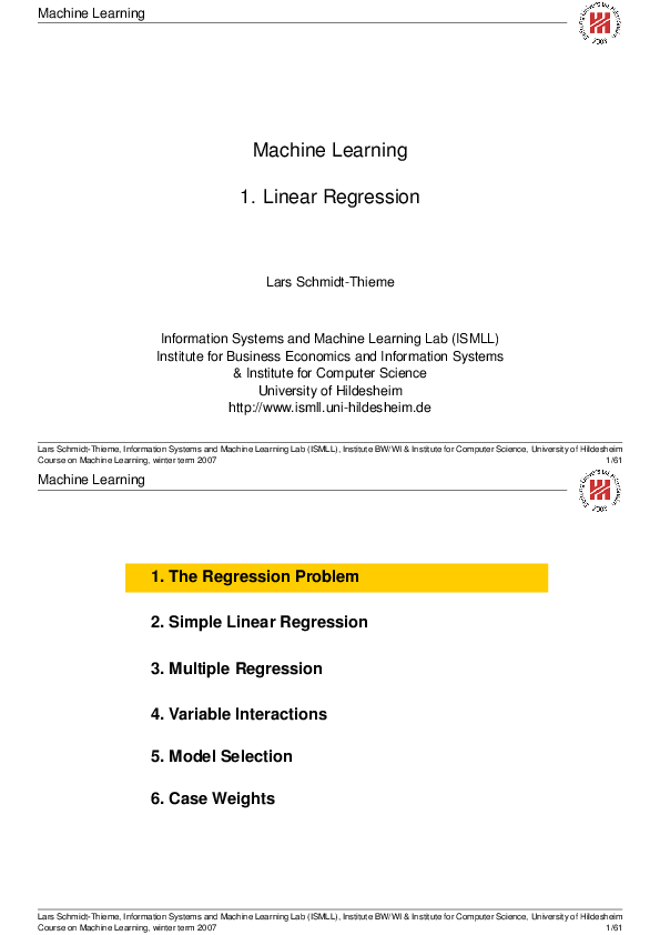 (PDF) Machine Learning Machine Learning 1. Linear Regression 1. The ...