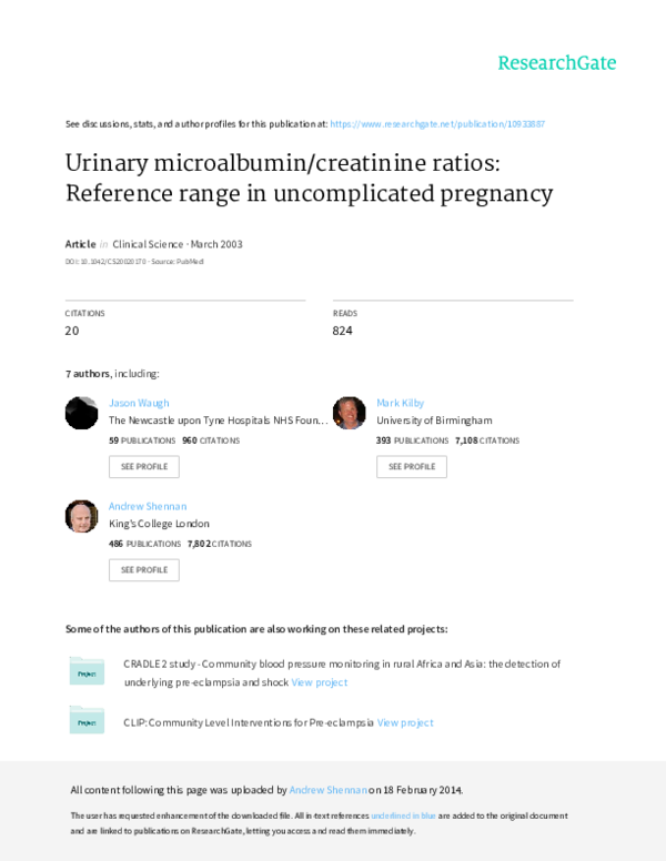 (PDF) Urinary microalbumin/creatinine ratios reference range in pregnancy