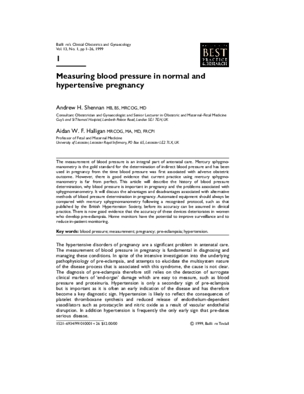 (PDF) Measuring blood pressure in normal and hypertensive pregnancy
