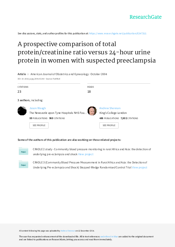 (PDF) A prospective comparison of total protein/creatinine ratio versus