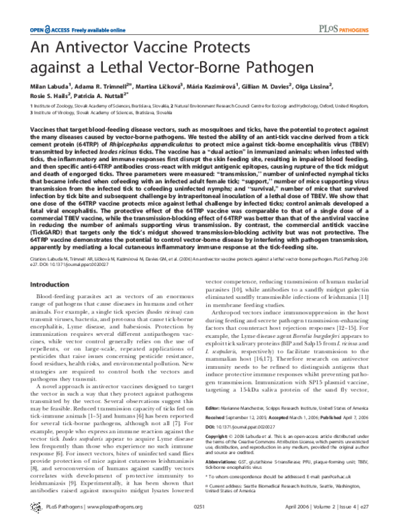 (PDF) An Antivector Vaccine Protects against a Lethal Vector-Borne Pathogen