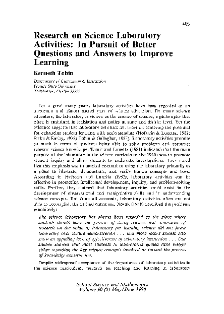 (PDF) Research on science laboratory activities: In pursuit of better