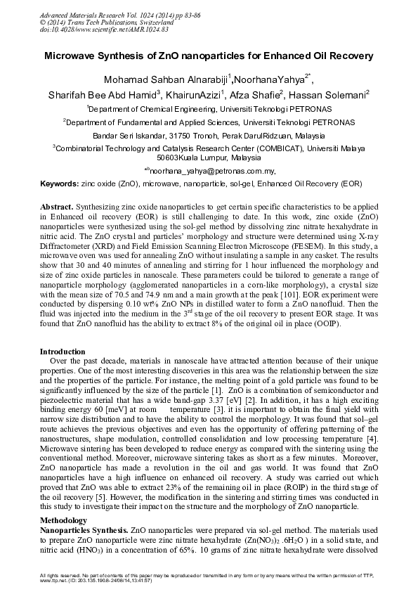 (PDF) Microwave Synthesis of ZnO nanoparticles for Enhanced Oil Recovery