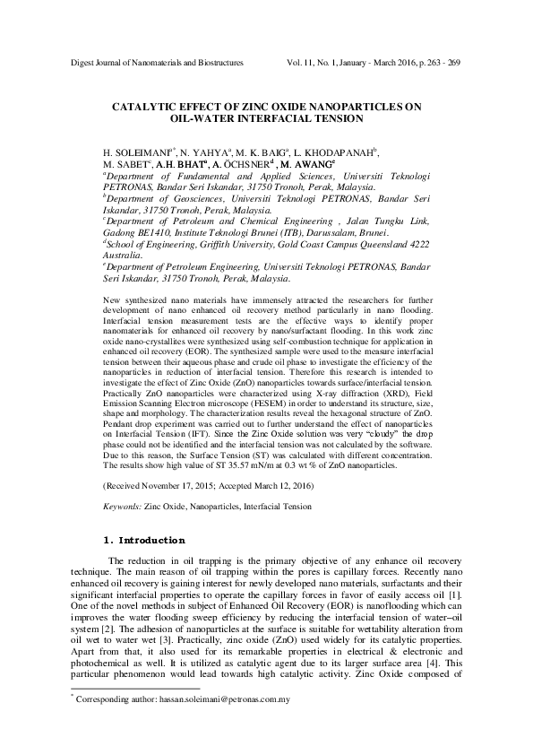 (PDF) CATALYTIC EFFECT OF ZINC OXIDE NANOPARTICLES ON OIL-WATER ...