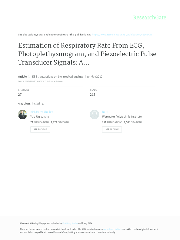 (PDF) Estimation of respiratory rate from ECG, photoplethysmogram, and ...