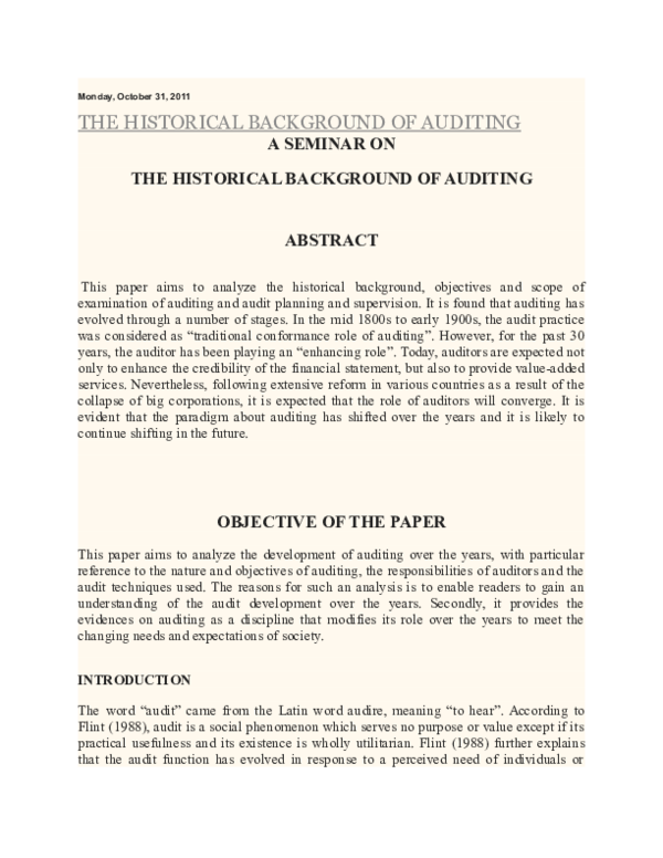 (DOC) THE HISTORICAL BACKGROUND OF AUDITING A SEMINAR ON THE HISTORICAL