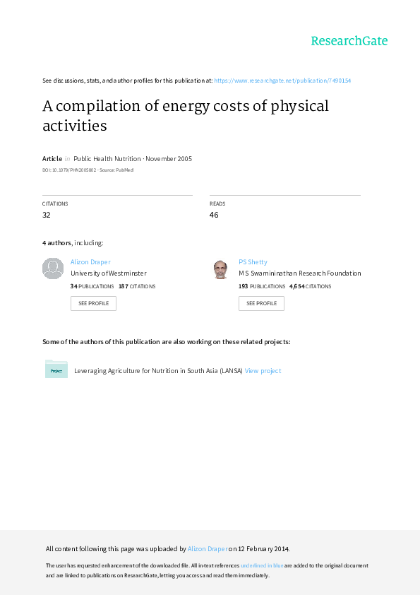 (PDF) A compilation of energy costs of physical activities Prakash