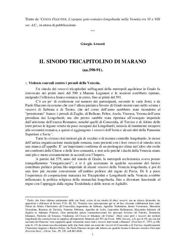 (PDF) Il sinodo tricapitolino di Marano (aa.590591). [in academia.edu