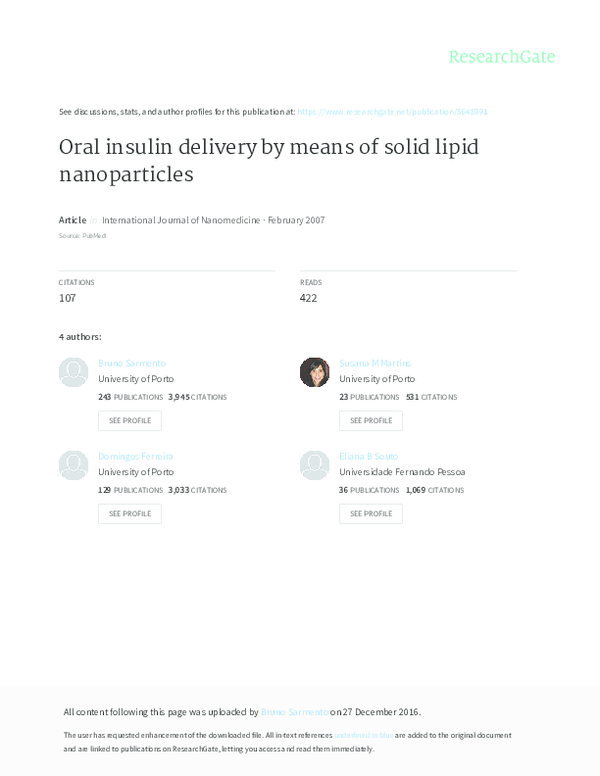 (PDF) Oral Insulin Delivery by Means of Solid Lipid Nanoparticles