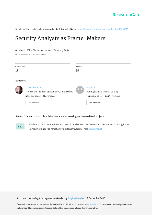 (PDF) Security Analysts as FrameMakers Daniel Beunza and Raghu Garud Academia.edu