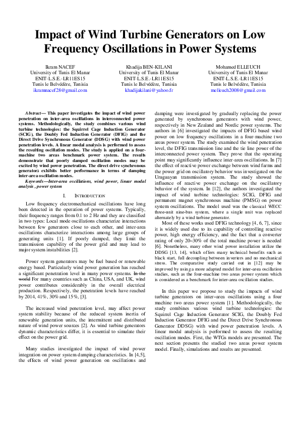 (PDF) Impact of Wind Turbine Generators on Low Frequency Oscillations in Power Systems Tahani