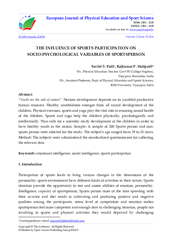 (PDF) THE INFLUENCE OF SPORTS PARTICIPATION ON SOCIO-PSYCHOLOGICAL ...