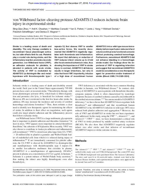 (PDF) von Willebrand factor cleaving protease ADAMTS13 reduces ischemic ...