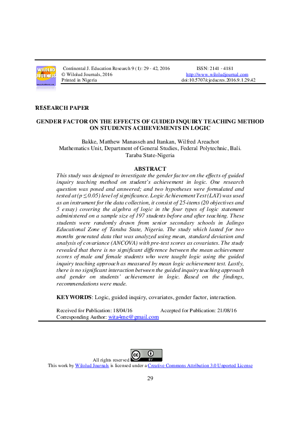 (PDF) GENDER FACTOR ON THE EFFECTS OF GUIDED INQUIRY TEACHING METHOD ON ...