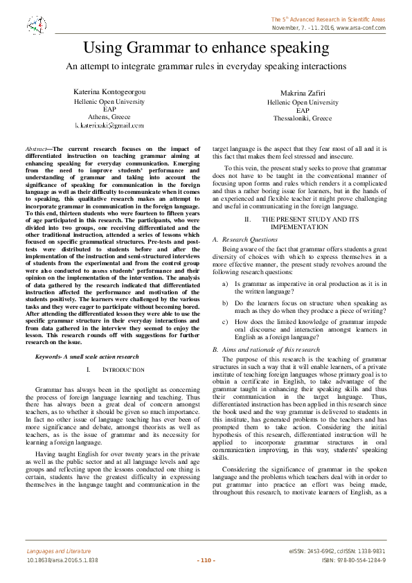 (PDF) Using Grammar to enhance speaking An attempt to integrate grammar