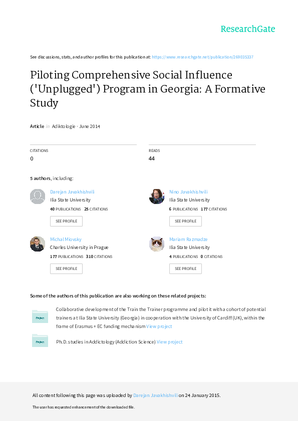 (PDF) Piloting Comprehensive Social Influence ('Unplugged') Program in ...