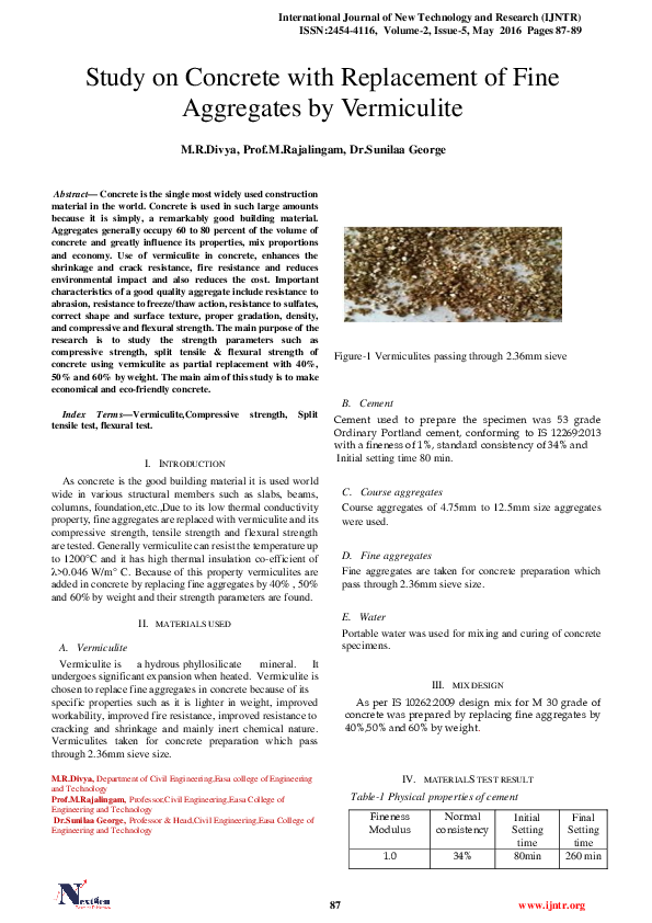 (PDF) Study on Concrete with Replacement of Fine Aggregates by Vermiculite