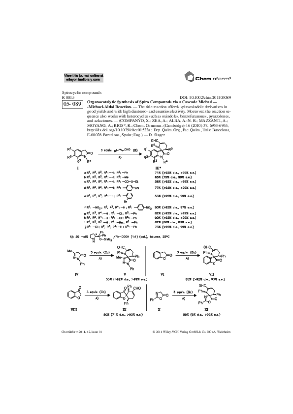 (PDF) Organocatalytic synthesis of spiro compounds via a cascade ...