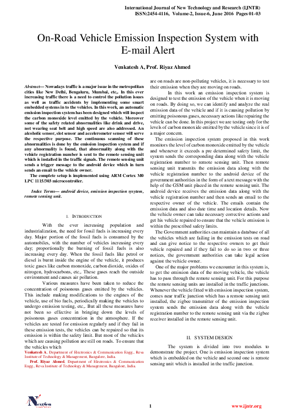 (PDF) OnRoad Vehicle Emission Inspection System with Email Alert