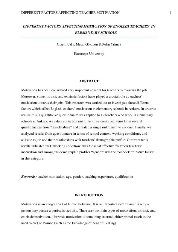 (PDF) DIFFERENT FACTORS AFFECTING TEACHER MOTIVATION 1 DIFFERENT ...