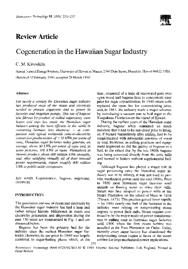 (PDF) Cogeneration in the Hawaiian sugar industry