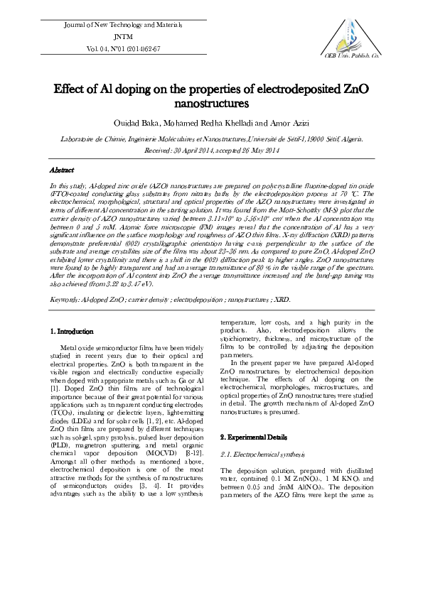 (PDF) Effect of Al doping on the properties of electrodeposited ZnO ...