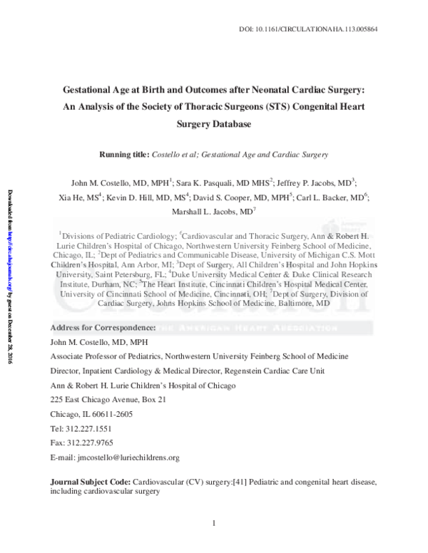 (PDF) Gestational age at birth and outcomes after neonatal cardiac ...
