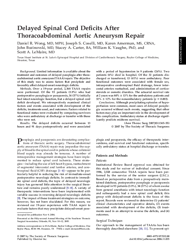 (PDF) Delayed Spinal Cord Deficits After Thoracoabdominal Aortic ...
