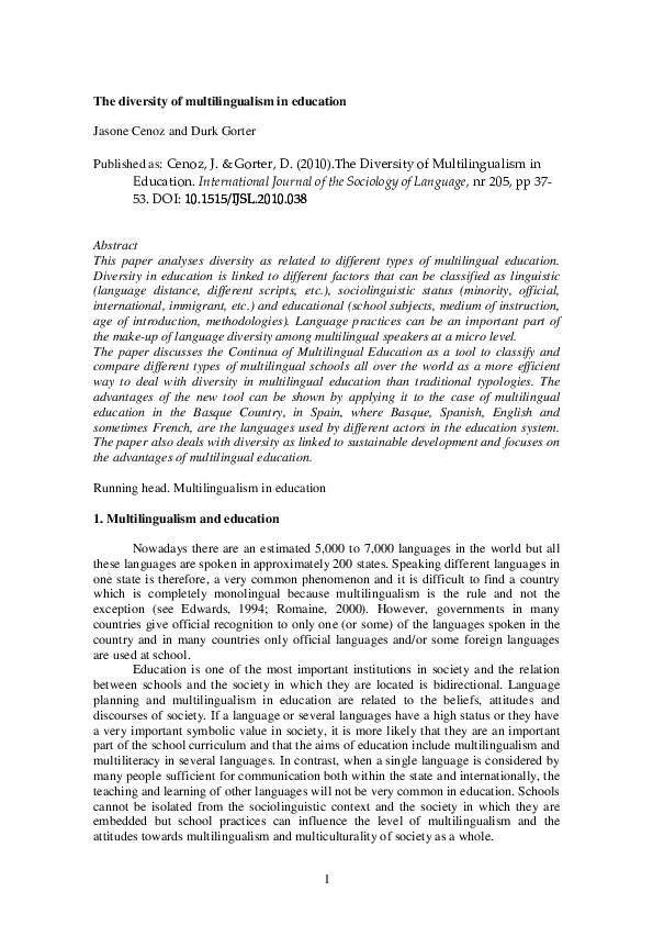 Pdf The Diversity Of Multilingualism In Education